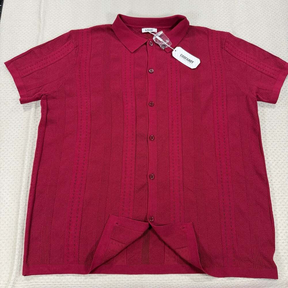 Coofandy Men's Short Sleeve Textured Knit Button Down Polo Shirt, Burgundy, 2XL